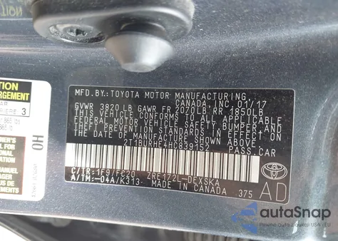 2017 Toyota Corolla L/Le/Xle/Se/Xse z USA, uszkodzony, nr VIN 2T1BURHE4HC839152